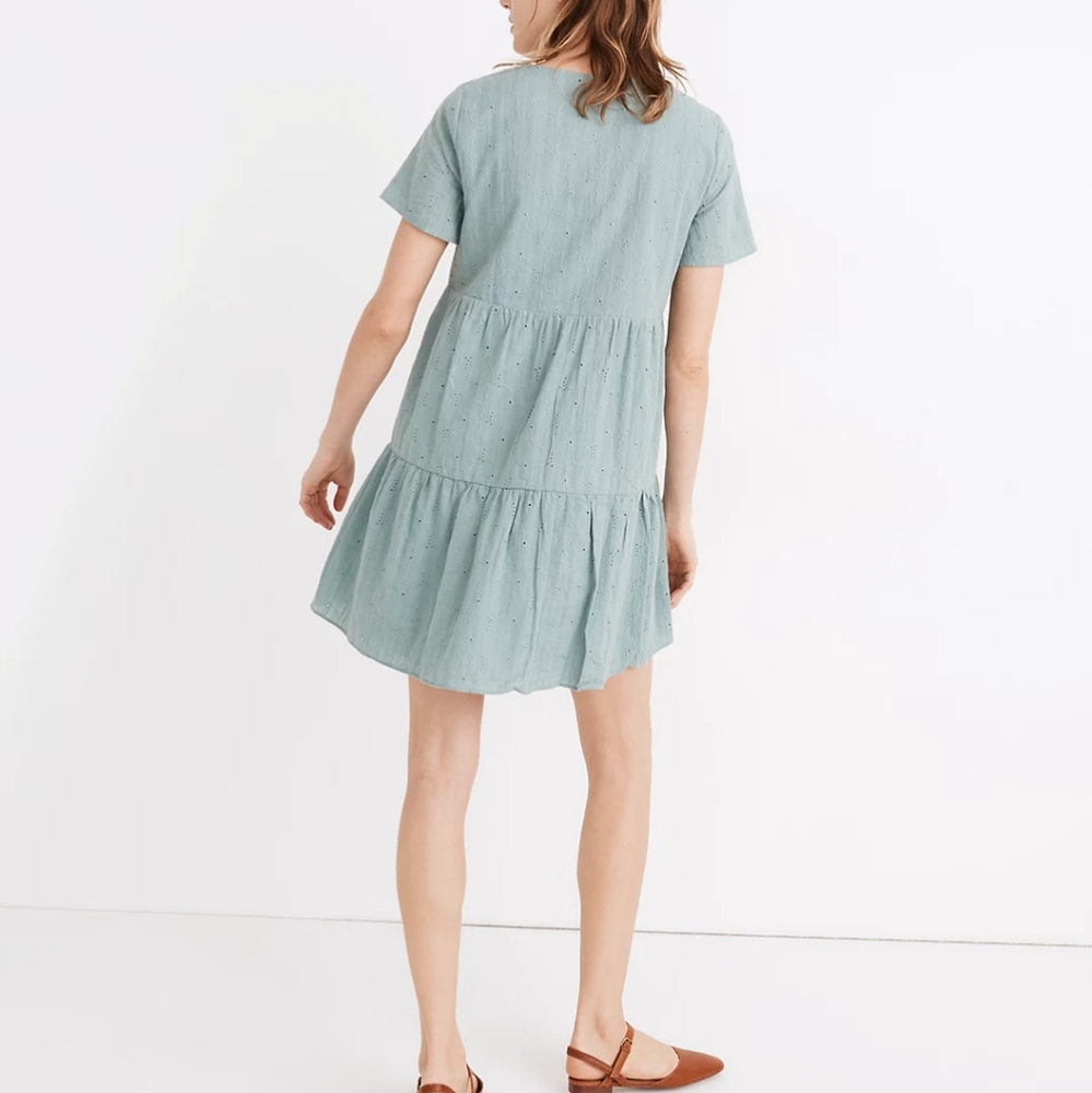 Madewell Embroidered Eyelet Tiered Button-Front Dress in Summer Breeze. - Picture 3 of 12